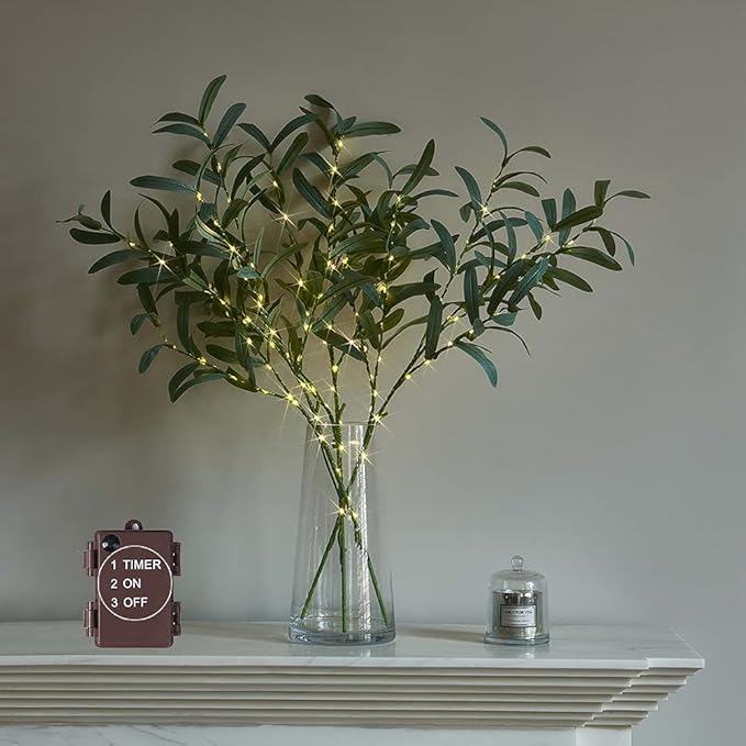 LITBLOOM Lighted Olive Branches 24IN 72 LED with Timer Battery Operated Lit Artificial Greenery for Wedding Party Spring Home Decoration Indoor Outdoor
