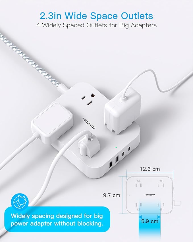 Flat Plug Extension Cord, HANYCONY 5ft Power Strip with 4 USB Ports(2 USB C), 4 Widely Outlets Extender, Wall Mount, Desk Charging Station for Office School Travel Dorm Room Essentials, ETL Listed