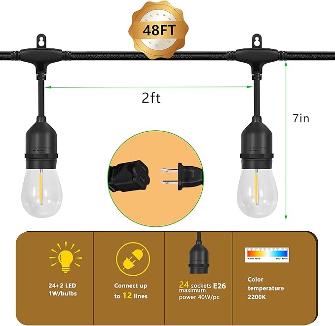 𝟒𝟖𝑭𝑻 LED Outdoor String Lights with 𝟮𝟰 Weatherproof Shatterproof Edison 𝑳𝑬𝑫 𝑩𝒖𝒍𝒃𝒔(2 𝑺𝒑𝒂𝒓𝒆)，Commercial Grade Waterproof Hanging Lights for Backyard Porch Balcony Party