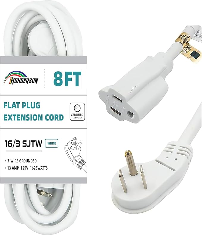Flat Plug Indoor Extension Cord, UL Certified, 16 Gauge 8FT White 3 Prong Heavy Duty, 16/3 SJTW 13A Power Cord for Lights, Appliances, Home