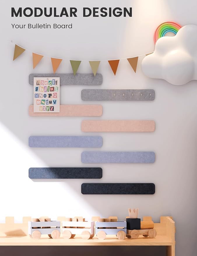 Fluxynara 13" x 2" Felt Wall Panels, Nordic Moonlight | 8-Pack Includes 50 Push Pins and Adhesive Tabs for Photos, Notes and Decor in Bedroom Doors, Home Office or Studios