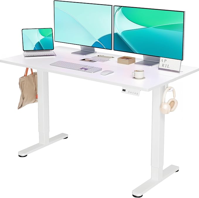 YDN 55 x 24 Inch White Electric Standing Desk | Adjustable Height, Sit Stand, Cable Management, Ergonomic, Home Office