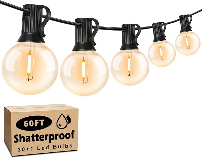 60FT Outdoor String Lights Waterproof, Bright 2700K LED Patio Lights String with 30+1 G40 Shatterproof Globe Bulbs, Connectable Edison String Lights for Outside, Garden, Balcony, Porch
