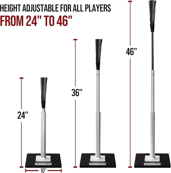 Batting Tee for Baseball/Softball, Premium Hitting Tee with Handrolled Rubber Top,Aluminum Stem,Metal Base,Easy Setup Baseball Tee Height Adjustable 24-46 inch for Kids and Adults