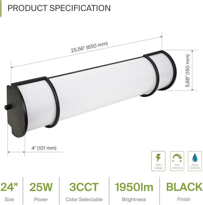 ASD LED 24" Vanity Flush Mount Light Fixture, Linear Bathroom Lighting Bar | 3CCT, Dimmable, Energy Star, ETL Listed | 25W 1950LM 3000-5000K 120V | Long Tube Bath Wall Sconce Over Mirror | Black