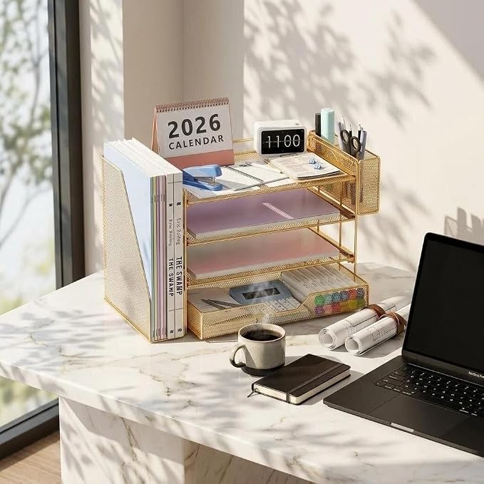 OPNICE Desk Organizers and Accessories, 4-Tier Desktop File Organizer with Drawer and Pen Holders, Office Desk Accessories Workspace Organizers for Office Supplies (Gold)