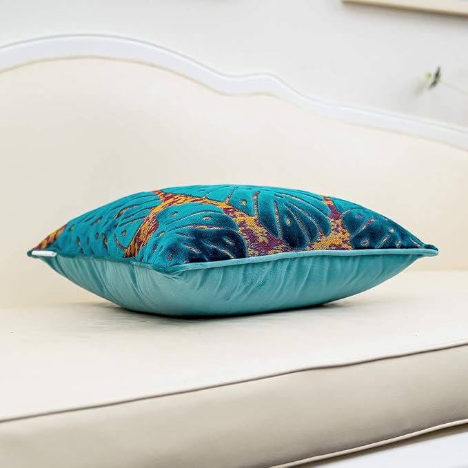 Alerfa 18 x 18 Inch Square Leaf Pillow Embroidery Cut Velvet Cushion Case Luxury Modern Lumbar Throw Pillow Cover Decorative Pillow for Couch Sofa Living Room Bedroom Car, Navy Blue