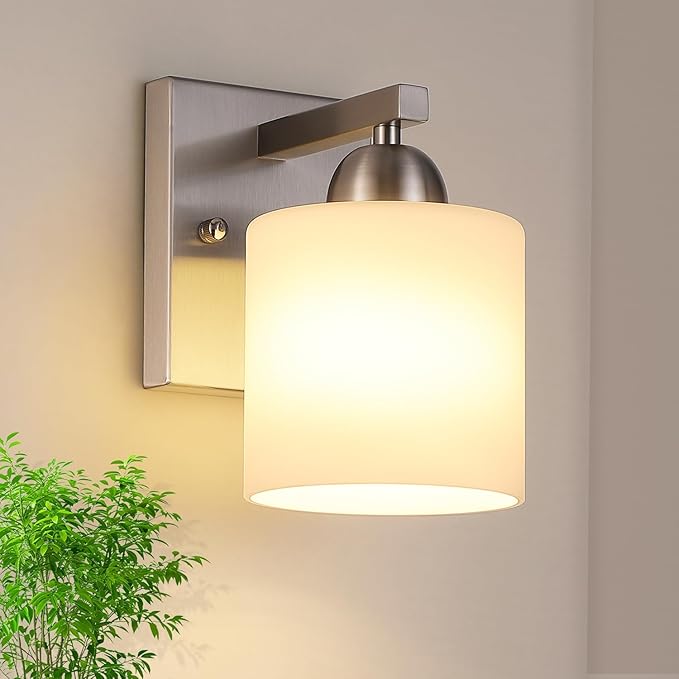 Brushed Nickel Milk Glass Wall Sconces, 1 Pack Hardwired Indoor Wall Light Fixtures for Living Room, Hallway, Bedroom, Ceramic E26 Sockets (Bulbs Not Included)