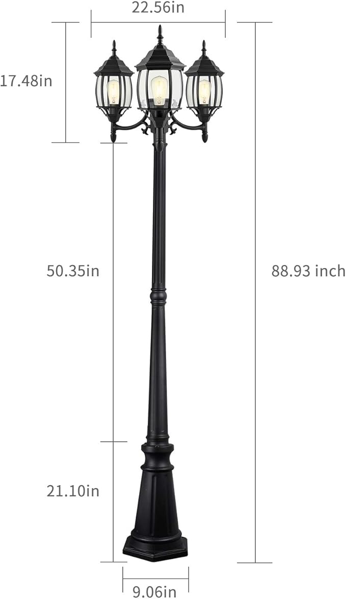 Dusk to Dawn Sensor Outdoor Lamp Post Light 3-Head, Classic Black Light Pole with Clear Glass Panels (3 LED Bulbs Included, Max.100W), Waterproof Outside Street Light for Backyard, Garden, Driveway