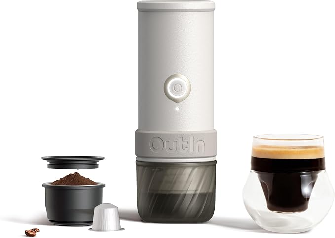 OutIn Mino Portable Electric Espresso Machine for Travel with Self-Heating | Mini Camping Coffee Maker, Pocket-Sized Coffee Machine, Ground Coffee & NS Capsule Adapter for Adventure, Sandstone White