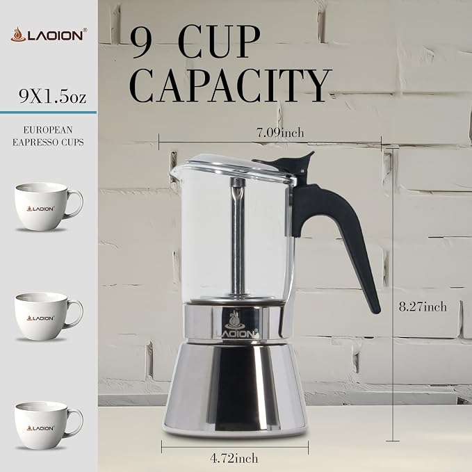 LAOION Stovetop Espresso Maker, 9Cup 360ml Moka Pot, Cuban Coffee Make | Crystal Glass-top & Stainless Steel Coffee Maker Mocha Pot, Greca De Cafe, Cuban and Italian Coffee Maker for Cafetera Cubana