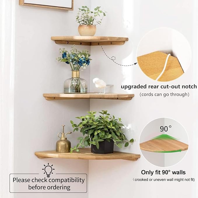 Corner Shelf, 12inch Solid Oak Wood Floating Corner Shelves Wall Mount Round End Floating Speaker Shelf with Wire Hole for Small Plant Photo Frame for Bedroom Kitchen, Living Room