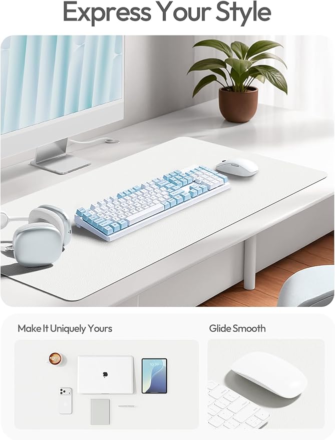 YSAGi Desk Protector&Blotter, Non-Slip Waterproof Leather Mouse Pad | Shields Scratches, Stains, Spills, Heat & Scuffs; Suede Non-Slip; Easy-Clean; Comfy Writing/Typing,31.5" x 15.8", White