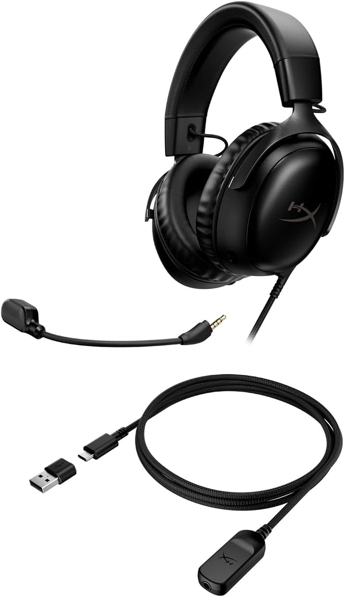 HyperX Cloud III – Wired Gaming Headset, PC, PS5, Xbox Series X|S, Angled 53mm Drivers, Spatial Audio, Memory Foam, Durable Frame, Ultra-Clear 10mm Mic, USB-C, USB-A, 3.5mm – Black