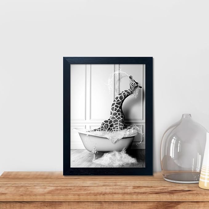Bathroom Pictures Wall Decor Black and White Wall Art Funny Animal Canvas Print Giraffe in Bathtub Framed Farmhouse Painting Kids Bathroom Signs Decor