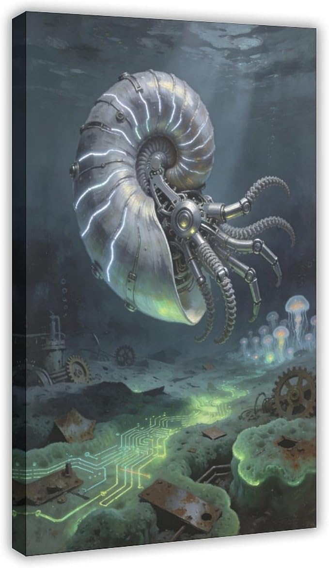 Framed Steampunk Mechanical Nautilus Wall Art - Underwater Industrial Poster for Man Cave Studio Decor 20x30inch(50x75cm)