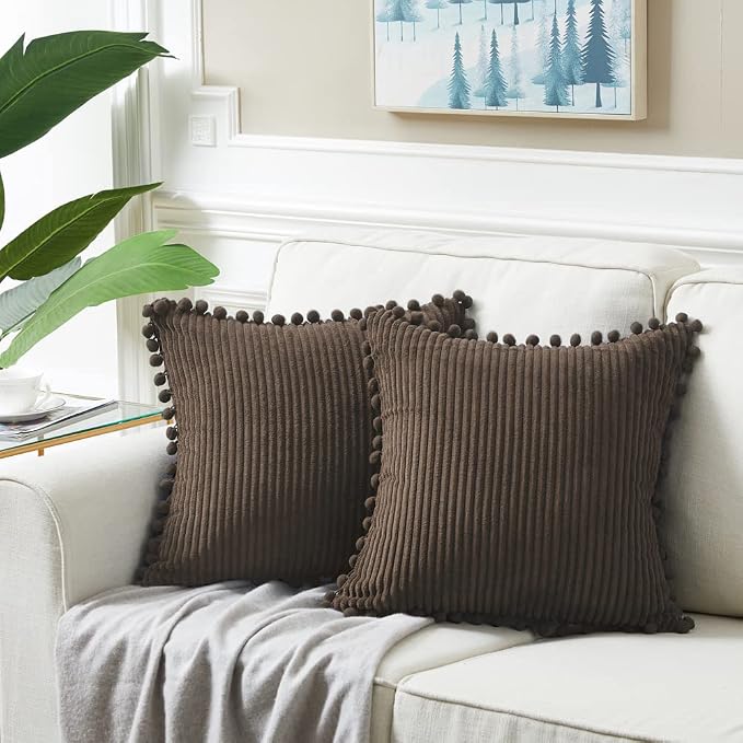 Fancy Homi Pack of 2 Dark Brown Decorative Throw Pillow Covers 18x18 Inch with Pom-poms for Couch Bed, Soft Corduroy Solid Square Cushion Case 45x45 cm, Farmhouse Boho Home Decor