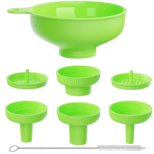 Pisol Wide Mouth Versatile Funnel, Canning Funnels for Kitchen Use, Plastic Cooking Funnel Set with 4 Size Spouts and 2 Strainers for Filling Different Bottles, Green