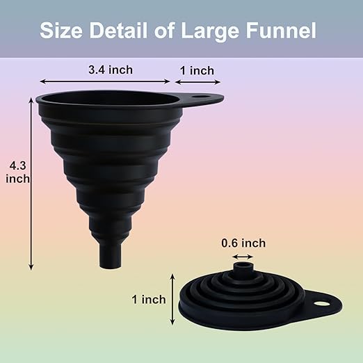Kitchen Funnel Set 6 Pcs, 2 Collapsible Silicone Funnels for Filling Bottles, Canning，4 Plastic Kitchen Gadgets for Automotive Car Oil Change，Different Sizes Funnels for Kitchen RV Lab
