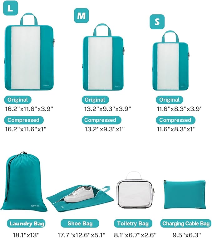 Gonex 8 Set Compression Packing Cubes, Expandable Mesh Organizer for Travel Accessories, Essentials With Toiletry, Laundry, Shoe, Cable Bags for Suitcases, Blue