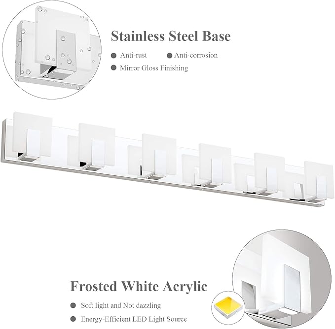 Aipsun 6 Lights Dimmable Modern LED Bathroom Vanity Light Acrylic Stainless Steel Chrome Up and Down Bathroom Wall Light Over Mirror(White Light 6000K)