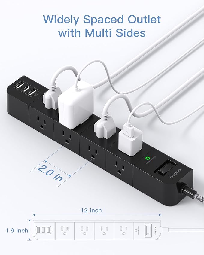 One Beat 10 ft Extension Cord,Power Strip Surge Protector 8 Widely AC Outlets 3 USB,Flat Plug,Desktop Charging Station with Overload Protection,Wall Mount for Home,Office,Computer ETL Listed,Black