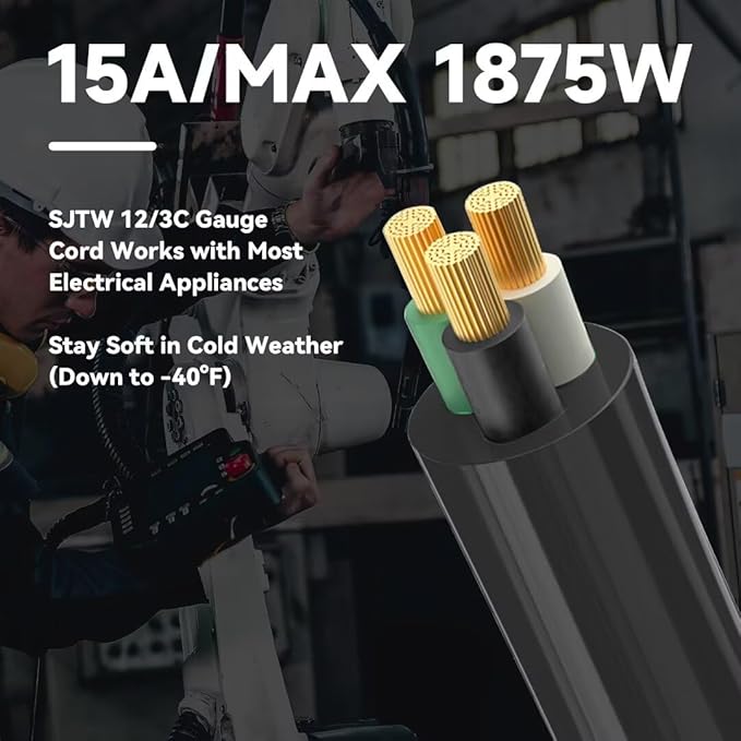 Indoor Outdoor Extension Cord, 12 Gauge 3 Prong Weatherproof Heavy Duty Black Extension Cords, 12/3 SJTW 15A 8 FT Extension Cable for Garage, Garden and Home, UL Listed