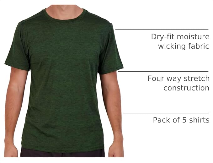 5 Pack Men's Dry Fit Short Sleeve T-Shirt Gym Workout Athletic Running Tee | Cooling, Moisture-Wicking, Crew Neck, Quick-Dry, Breathable, Active, Exercise, Fitness, Basketball, Cycling, Hiking, Tennis