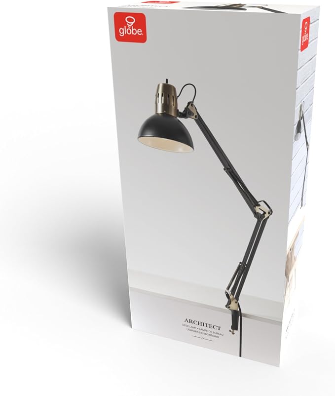 Globe Electric 62000009 32" Multi-Joint Desk Lamp with Metal Clamp, Matte Black, Antique Brass Accents, On/Off Rotary Switch on Shade, Partially Adjustable Swing Arm, Home Décor, Office Accessory