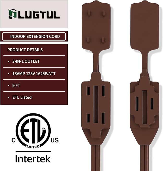 PLUGTUL Indoor Brown Extension Cord 9 Feet, 3-Outlet Household Extension Cord, 2 Prong, 16Gauge, 3 Polarized Outlets with Safety Cap Protect for Home Office, 16/2 SPT-2 ETL Listed