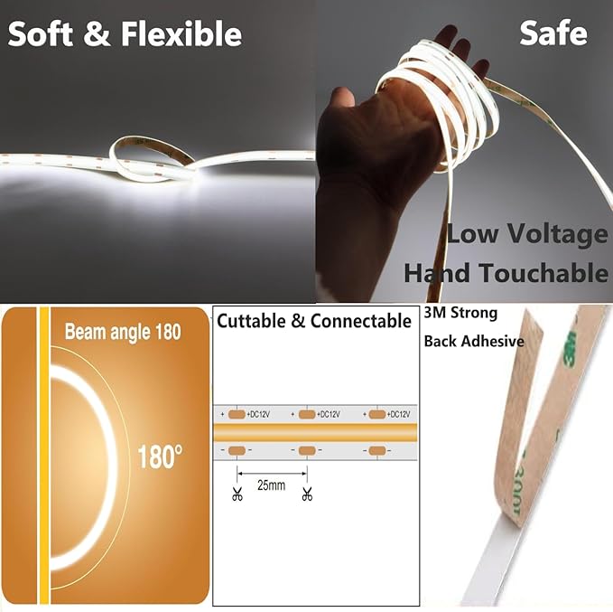 IP65 COB LED Strip Light, 480LEDs/m High Density 6000K Cool White, 16.4FT DC12V Flexible Cuttable CRI90+ Uniform No-Spot Lighting for Kitchen,Bathroom&Under Cabinet,Home DIY Lighting(No Power Supply)