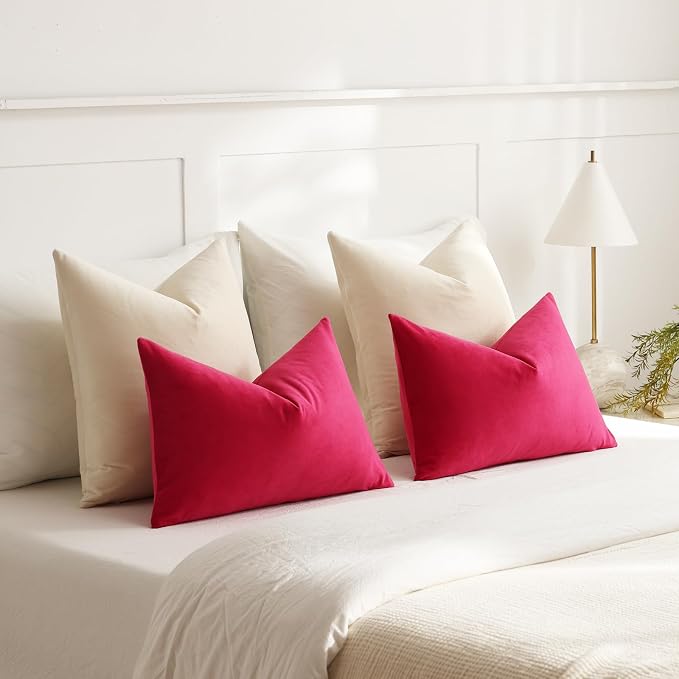 Euro Sham Covers 24x24 Cream: Pack of 2 Cozy Soft Velvet Square Modern Luxury Decorative Throw Pillow Cases for Sofa Couch Living Room Bed Home Decor
