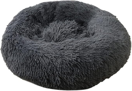 Calming Faux Fur Dog Beds Calming Donut Cuddler Dog Bed Washable Round Cat Bed Pillow Cuddler Fluffy Indoor Dog Calming Beds with Anti Slip Bottom Solid Color Dark Grey 35 Inch