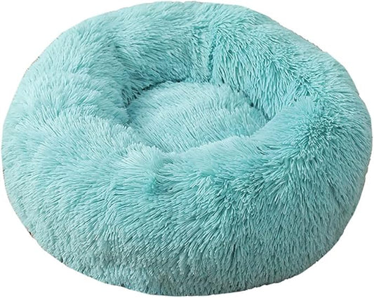 Calming Faux Fur Dog Beds Calming Donut Cuddler Dog Bed Washable Round Cat Bed Pillow Cuddler Fluffy Indoor Dog Calming Beds with Anti Slip Bottom Solid Color Lake Blue 20 Inch