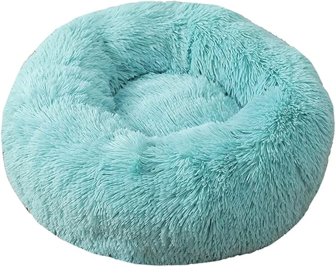 Calming Faux Fur Dog Beds Calming Donut Cuddler Dog Bed Washable Round Cat Bed Pillow Cuddler Fluffy Indoor Dog Calming Beds with Anti Slip Bottom Solid Color Lake Blue 35 Inch