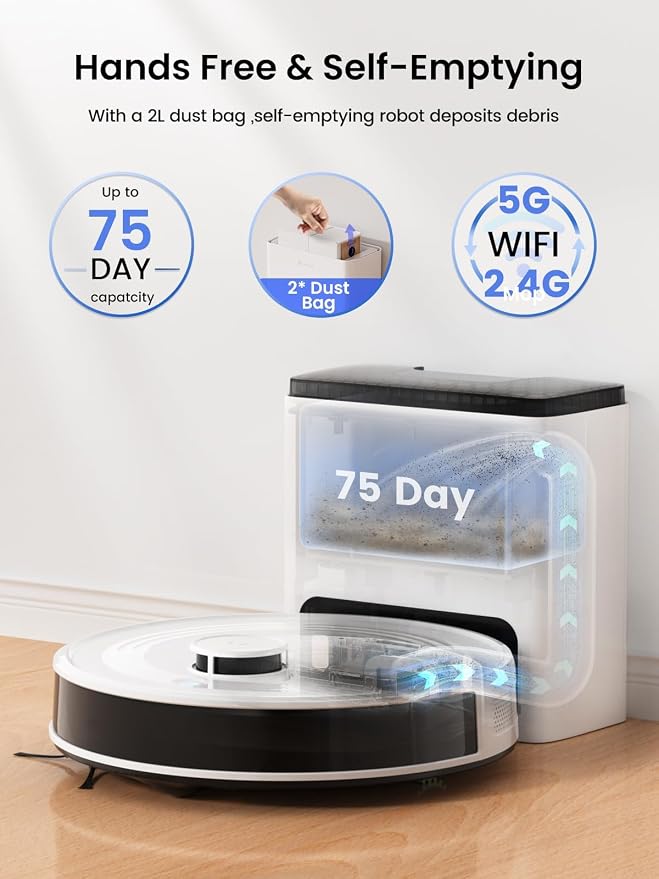 Lefant Robot Vacuum and Mop,75-Day Self-Emptying,6000Pa Powerful Suction,Customized Cleaning,Home Mapping, 140 Min Runtime, Roller Brush for Carpet,2.4G/5G WiFi/Alexa/APP/iWatch,M2 Plus