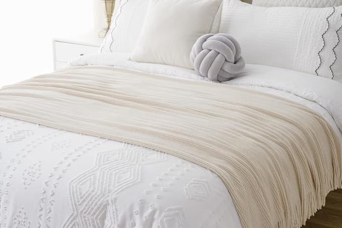 BATTILO HOME Beige Throw Blanket for Couch, 50"x60" | Soft Chenille Knit Blanket with Tassels for Home Decor, Neutral Beige Throws for Couch Cover