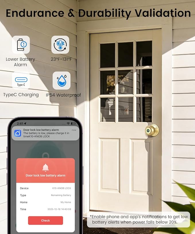 Fingerprint Door Lock, Smart Fingerprint Door Knob with Lock, Biometric Door Locks with App Control & Key, Keyless Thumbprint Entry Door Locks for Bedroom, Front Door, Home, Apartment-Brass