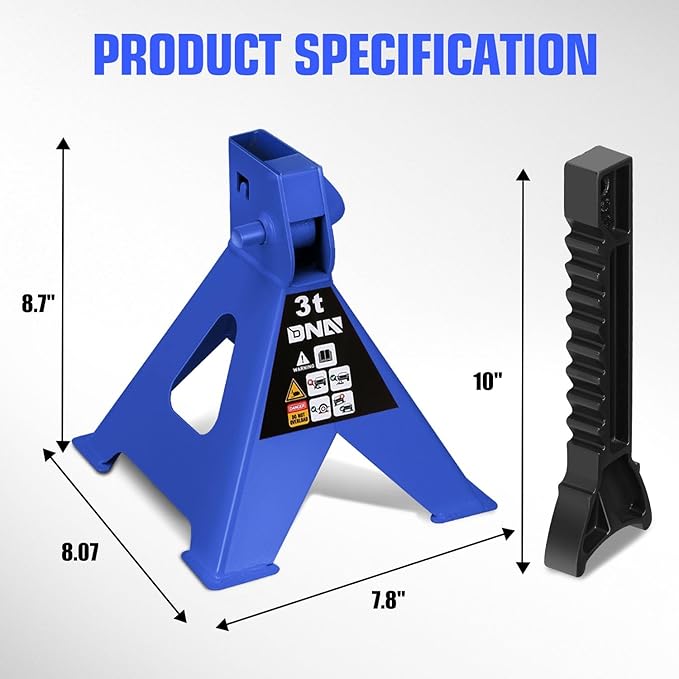 DNA Motoring 1 Pair Jack Stands, 3 Ton (6600 lbs) Capacity Car Lifting Stand, Adjustable Height Car Jack Stands for Cars, Sedans, Small Vehicles, SUV, TOOLS-00682-BL