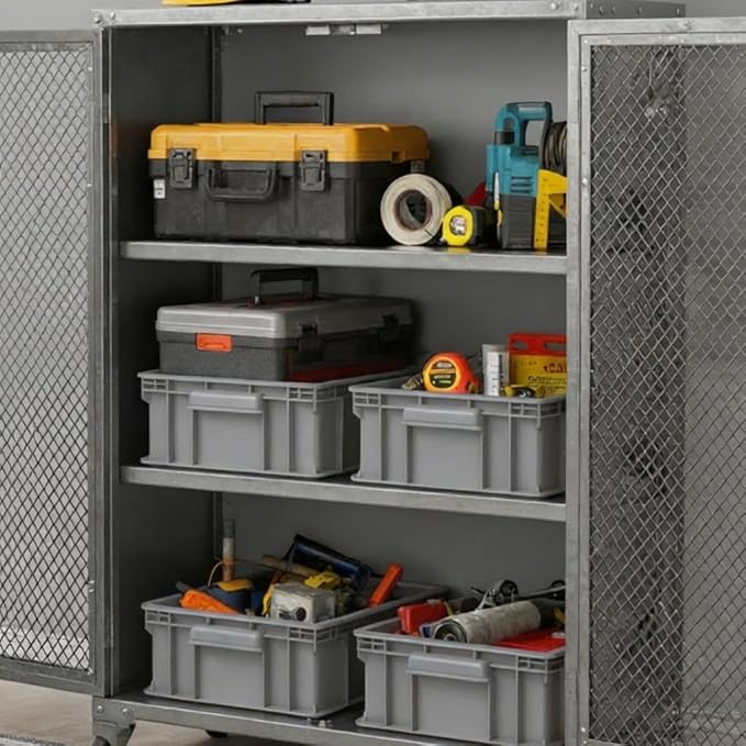 Heavy Duty Storage Bins, 180lbs Load Capacity Totes for Storage, 14.2"L x 10.4"W x 5.5"H, Stackable Straight Wall Container, Plastic Tote for Garage & Workshop, Stickable Labels, Grey, 3-Pack