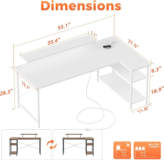 Mericonia 55 in L Shaped Gaming Desk, Large Corner Desk with Monitor Stand | Reversible Computer Desk with Power Outlets, LED Light & Storage Shelves, Office Table for Home Bedroom Study Work Writing