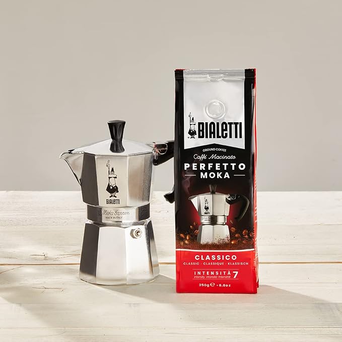 Bialetti 6 Cup Moka Pot and Coffee Ground Bundle 8.8oz Bag with Medium Roast Italian Ground Blend - Stovetop Espresso Maker Morning Brew Barista Style Café Home Brewing Daily Use Kitchen Appliance Set
