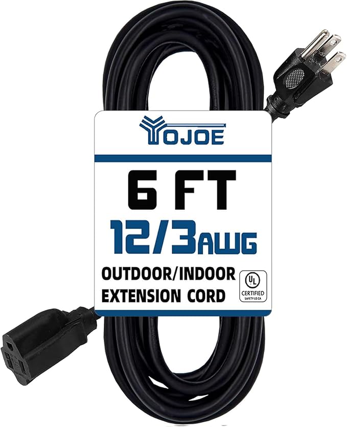 YOJOE Indoor Outdoor Extension Cord, 3 Prong 15A Weatherproof Power Cord, 12 Gauge Heavy Duty 6 ft Black Extension Cord for Garage, Garden and Home, 12/3 SJTW UL Listed