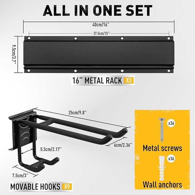 ELEAD 9-Pairs Heavy Duty Garage Tool Organizer Wall Mount Hooks, 48 Inches 730 lbs Garden Tool Organizer with Adjustable Hooks, Yard Tools Organizers for Garden, Yard, and Shed