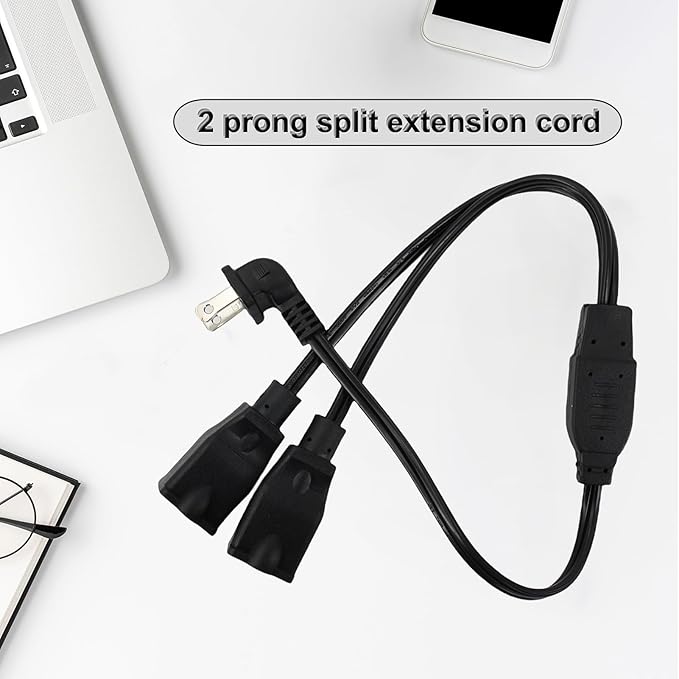 2 Prong Extension Cord Splitter, 2-Pack 90°Right Angle Flat Plug, Slim & Flexible Indoor Short Power Splitter (1.64ft, UL Certified, Black)