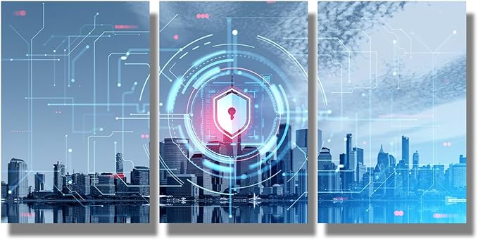 LSIUHWUWI 3 Panel Wall Art Internet Security and Global Protection Poster on Canvas,for Home Office Decoration,Digital Cybersecurity Concept Artwork Stretched Framed Ready to Hang, 16x24inchx3