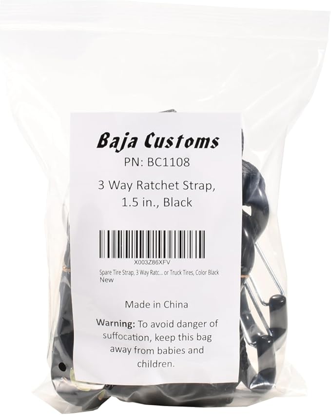 Baja Customs Spare Tire Strap, 3 Way Ratchet Y Strap, 1.5 inch Wide Adjustable, Tire Tie Down Strap for UTV or Truck Tires, Color Black,BC1108