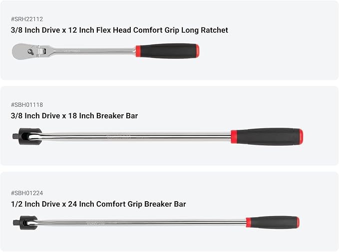 TEKTON 1/4, 3/8, 1/2 Inch Drive Non-Quick-Release Comfort Grip Ratchet and Breaker Bar Set (15-Piece) | SDR99903