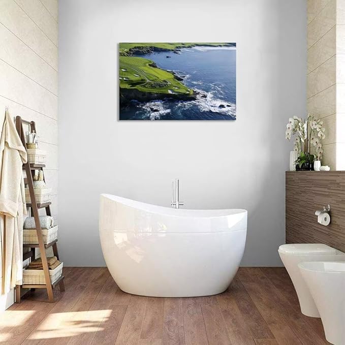 Pebble Beach Golf Course Canvas Wall Art for Living Room Bedroom Bathrooom Home Decorations California Coastal Golf Course Picture Poster Framed Artwork Ready to Hang(24''H x 36''W)