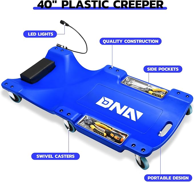 DNA Motoring 40 Inch Low Profile Plastic Rolling Garage Shop Floor Creeper with LED Light, Padded Headrest, Dual Tool Trays, Casters, Blue, TOOLS-00389-BL